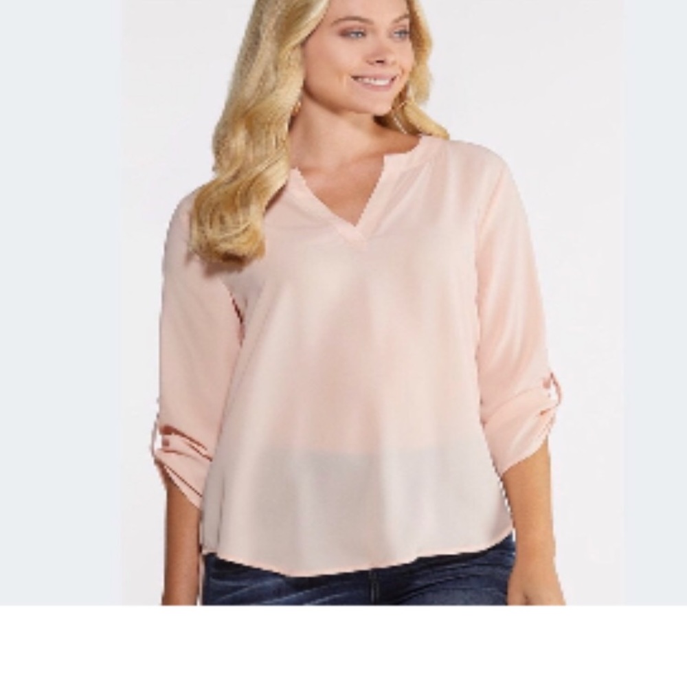 4/$20 Pale Pink Semi Sheer Roll Tab Blouse